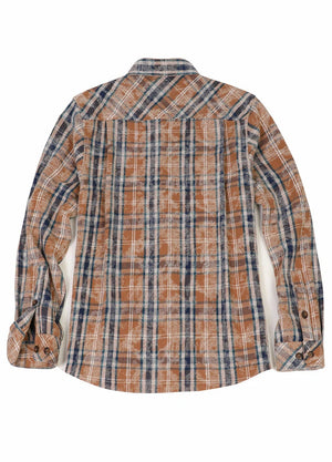 Back view of a blue and brown men's midweight acid washed plaid flannel shirt