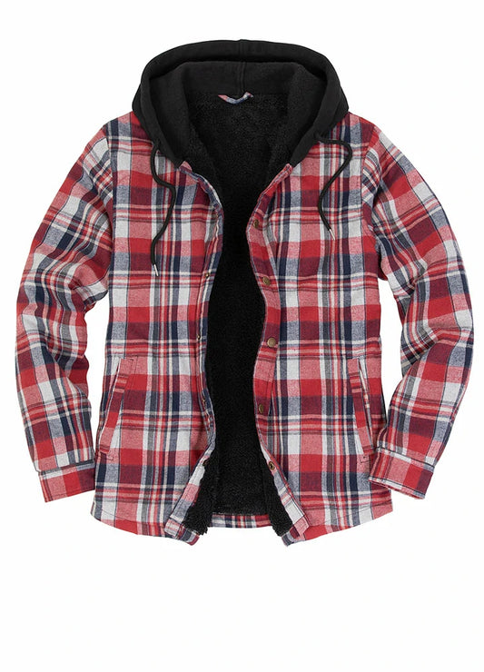 Men's Hooded Flannel Shirt Jacket,Snap Front,Sherpa-Lined Plaid