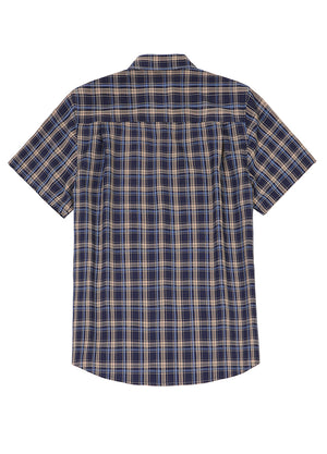 Back view of navy clay men's plaid short sleeve shirt