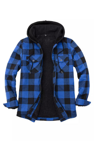 Front view of blue black men's sherpa lined flannel jacket with hood