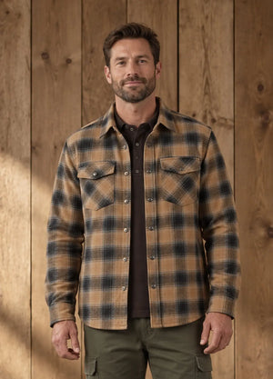 Male model wearing an amber thermal-lined flannel shirt jacket-XR1302HuPo-S,XR1302HuPo-M,XR1302HuPo-L,XR1302HuPo-XL,XR1302HuPo-XXL