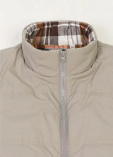 Close-up of the collar of the light gray men's zipper flannel lined puffer vest