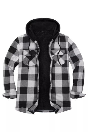 Front view of a gray men's sherpa lined flannel jacket with hood