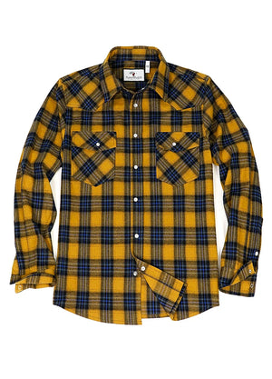 Front view of yellow blue men's plaid long sleeve western shirt