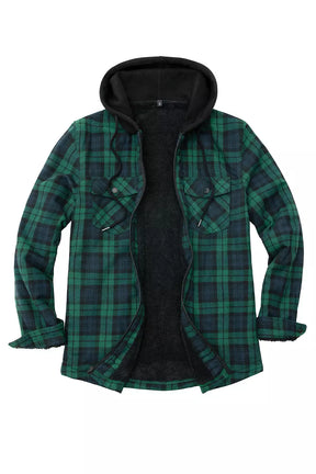 Front view of green navy men's zip up plaid hoodie