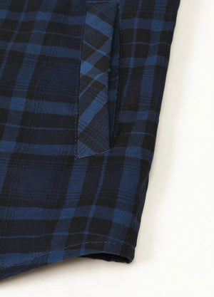 Detailed view of the hand pocket of indigo men's warm flannel shacket with hood-XR1142IO-S,XR1142IO-M,XR1142IO-L,XR1142IO-XL,XR1142IO-XXL