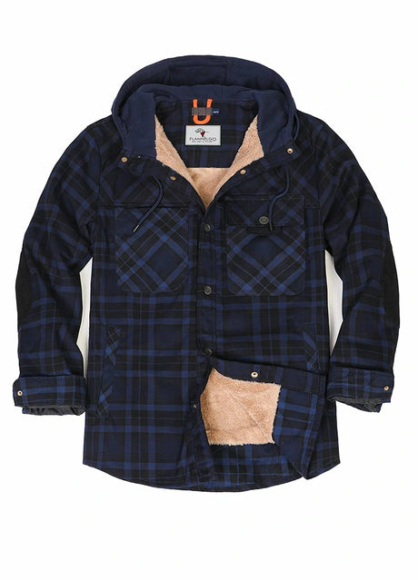Front view of indigo men's water repellent flannel jacket with snap button closed