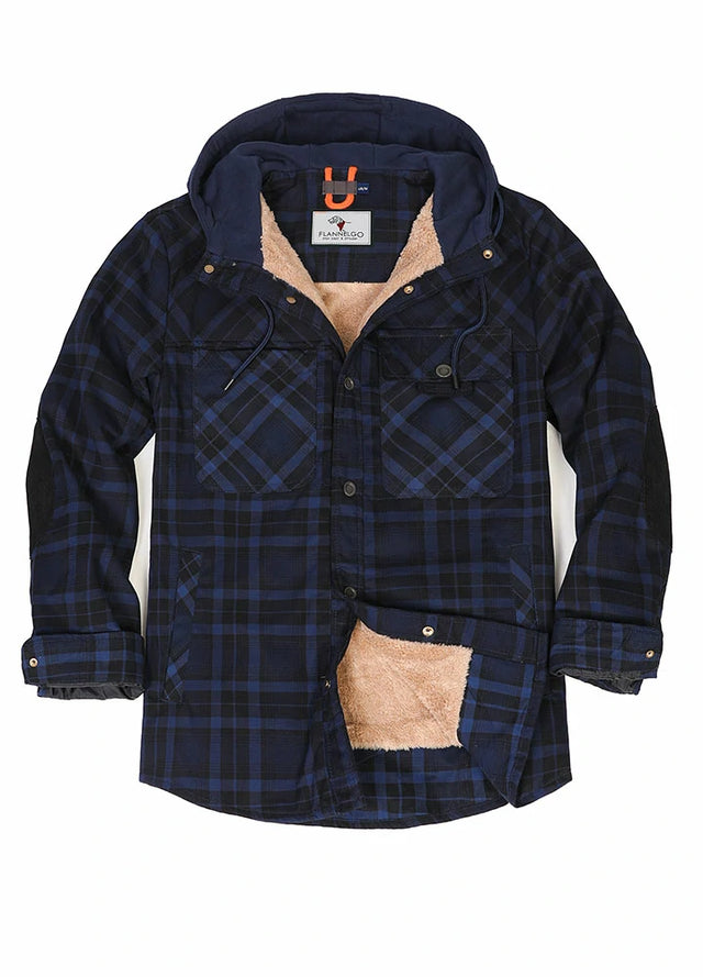 Front view of indigo men's water repellent flannel jacket with snap button closed