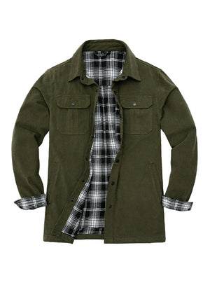 Front view of men's army green flannel lined heavy utility shirt jacket