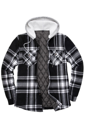 Front view of black white men's button down plaid flannel shirt jacket-XR103BW0S,XR103BW0M,XR103BW0L,XR103BW0XL,XR103BW0XXL