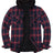 Front view of dark red men's zipper flannel shirt jacket with hood 