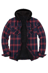 Front view of dark red men's zipper flannel shirt jacket with hood 