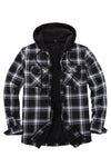 Front view of black men's sherpa lined flannel jacket with hood