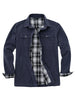 Front view of men's navy flannel lined heavy utility shirt jacket