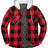 Front view of red men's button down plaid flannel shirt jacket 