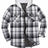 Front view of gray white men's button down plaid flannel shirt jacket