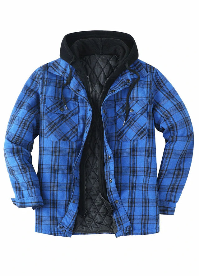 Front view of blue men's thicken plaid hooded flannel shirt jacket
