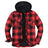 Front view of a red black men's sherpa lined flannel jacket with hood