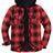 Front view of a red black men's sherpa lined flannel jacket with hood