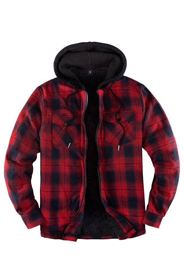 Front view of red grey men's flannel hoodie with sherpa lining