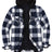 Front view of navy white men's zipper flannel shirt jacket with hood 
