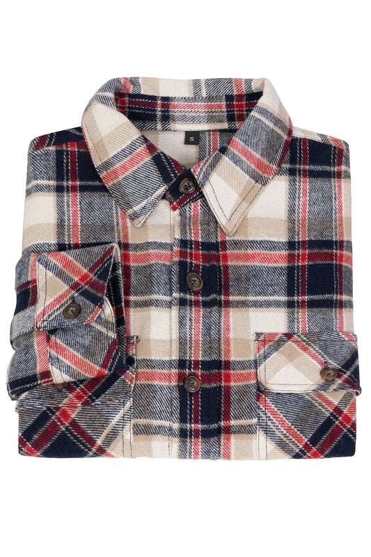 10.6oz Mens Heavy Flannel Shirts,Double Brushed Cotton-Red Blue Plaid