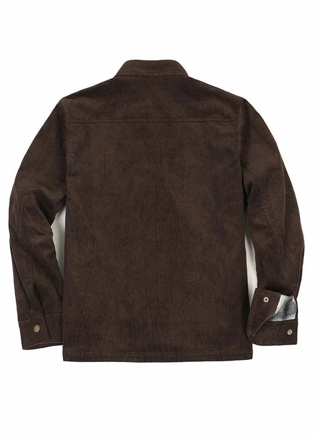 Back view of men's chocolate flannel lined corduroy shirt jacket