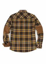 Back view of autumn gold men's rugged ridge flannel plaid shirt 