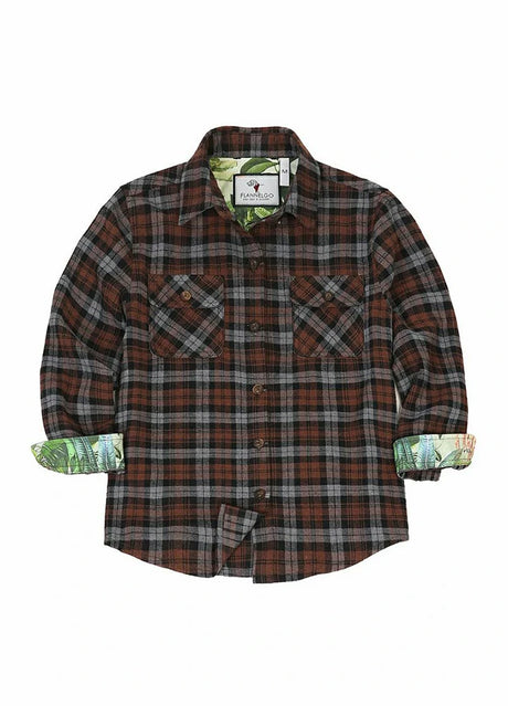 Front view of ebony truffle kids wildlife adventure flannel plaid shirt