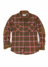 Front view of button closed red brown men's rugged ridge plaid flannel shirt 