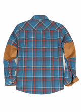 Back view of peacock blue men's rugged ridge flannel plaid shirt 