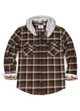 Front view of button closed mocha men's wildlife adventure flannel plaid shirt 