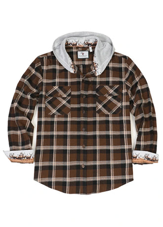 Front view of button closed mocha men's wildlife adventure flannel plaid shirt 