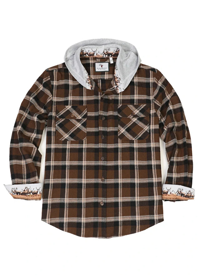 Front view of button closed mocha men's wildlife adventure flannel plaid shirt 