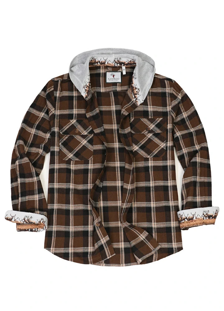 Men's Wildlife Adventure Flannel Plaid Hooded Shirt