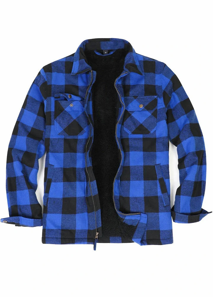 Men's Warm Sherpa Fleece Lined Full Zip Up Plaid Flannel Shirt Jacket