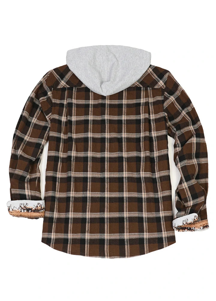 Men's Wildlife Adventure Flannel Plaid Hooded Shirt