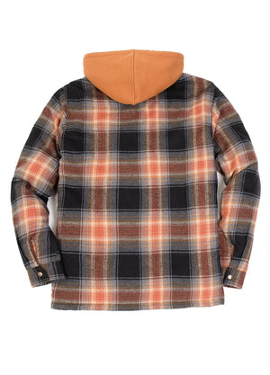 Back view of brown men's quilted lined brushed flannel jacket with hood