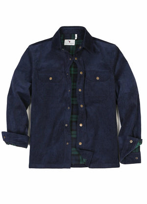 Front view of men's navy flannel lined corduroy shirt jacket-XR190NY-S,XR190NY-M,XR190NY-L,XR190NY-XL,XR190NY-XXL