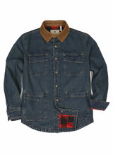 Front view of snap buttons closed indigo men's denim shirt jacket with flannel lining