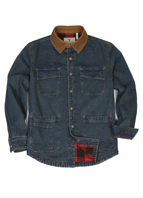 Front view of snap buttons closed indigo men's denim shirt jacket with flannel lining