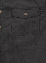 Close-up of men's charcoa corduroy shirt jacket with snap-stud chest pockets