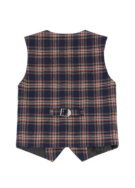 Back view of kids navy mocha 4-button single dressy suit vest