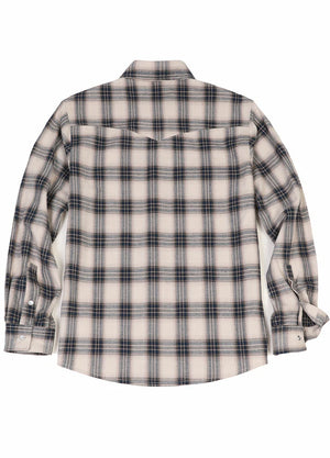 Back view of sandy azure men's plaid long sleeve shirt
