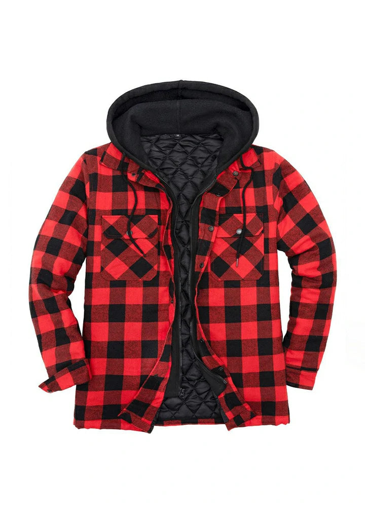 Men Warm Thick Shirt Jacket Quilted Lined Plaid Flannel Hooded Coat  Sweatshirts
