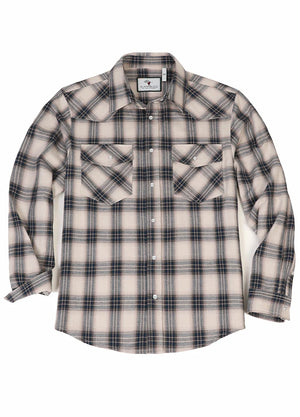 Front view of sandy azure men's plaid long sleeve western shirt