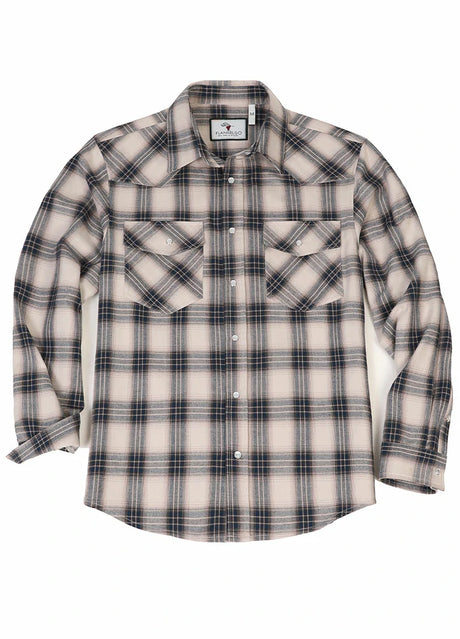 Front view of sandy azure men's plaid long sleeve western shirt