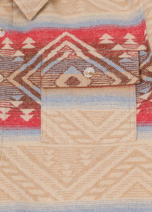 Close-up of pocket with button on khaki men's aztec shirt jacket