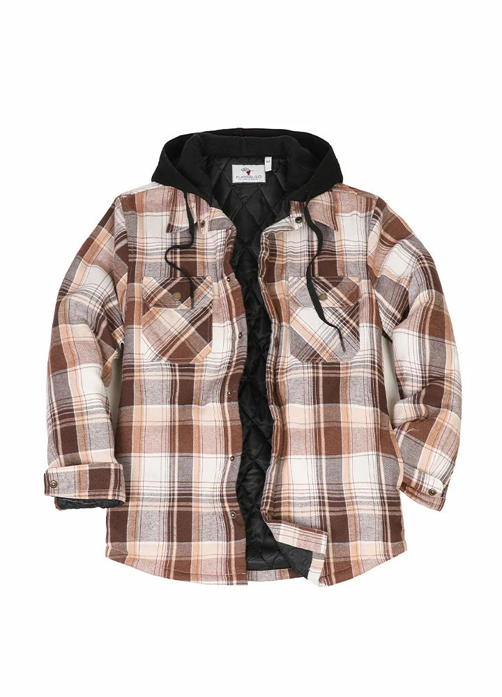 Men's Quilted Lined Hooded Flannel Shacket,Snap Button