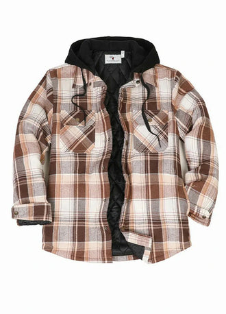 Front view of a brown white men's flannel shacket with quilted lined
